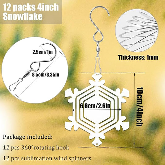 12Pack 4inch Sublimation Wind Spinner Blanks 3D Aluminum Metal Wind Sculpture Kinetic Spinners for Yard and Garden Indoor Art Sublimation Christmas Ornament Hanging Decoration (Snowflake)
