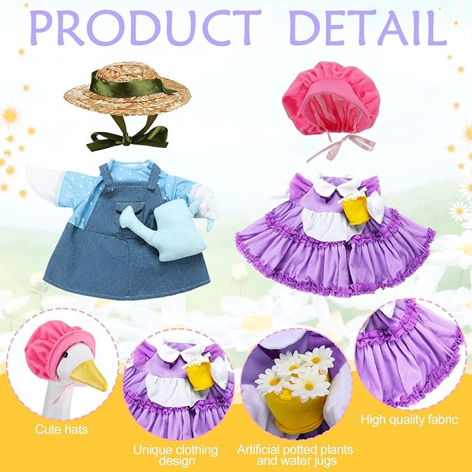 Abbylike 2 Set Spring Porch Goose Outfits Gardener Goose Clothes Purple and Blue for 23" Cement Plastic Geese with Flower Pot and Watering Can Summer Duck Costume for Patio Lawn Outdoor Patio Decor