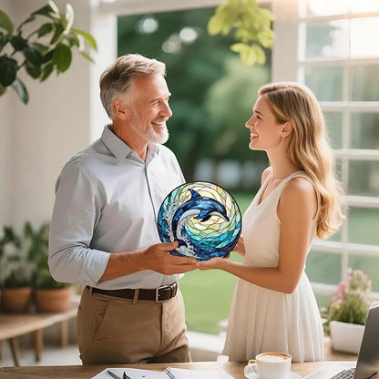 Dolphin Stained Glass Suncather for Window Hanging with Ocean Wave, 6.3'' Blue Dolphin Ornament Gift for Women, Ocean-Themed Home Decor Gift for Beach & Sea Lovers (Blue Dolphin, 6.3'')