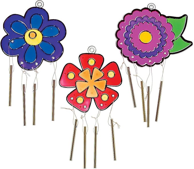 Fun Express Flower Sun Catcher Wind Chimes Craft Kit - Colorful DIY Craft for Kids Decorative Wind Chimes for Home & Garden - Creative Fun Outdoor Decor - Includes Paint Brushes & Hanging - 4 Pieces