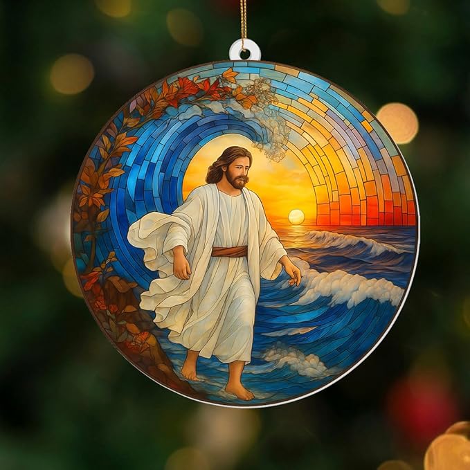 Stained Glass Jesus Walking on Water Christmas Tree Ornament – Acrylic Sun Catcher Window Hanging, Christian Religious Decor, Inspirational Gift for Men & Women, Car Rearview Mirror Charm(Sun-30)