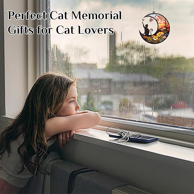 Stained Glass Window Hanging, 1 Pack Black Cat On The Moon Suncatcher Ornament Decor Stained Glass Cat Memorial Gifts