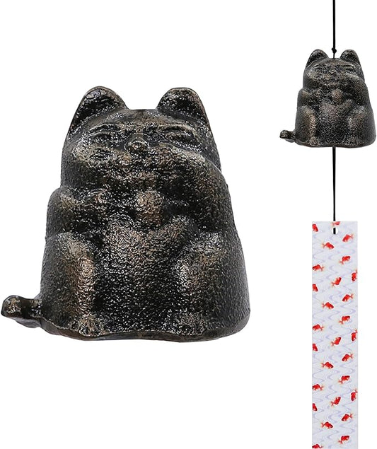 Japanese Wind Chime Cast-Iron Outdoor Ornament for Garden, Patio & Balcony, Hanging Metal Wind-Bell Decoration Gift, Blessing Pendant Windchimes & PVC Wind-Catcher, Fortune Cat - Bronze