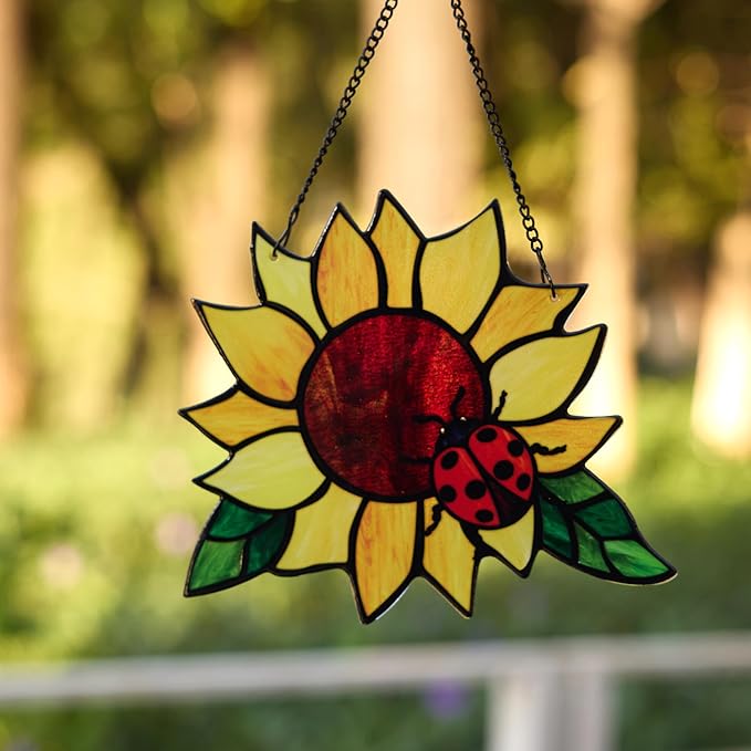 Stained Glass Suncatcher, Sunflower and Ladybug Window Hanging, Hand-Painted (Style 4)