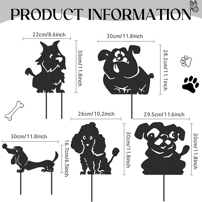 Dog Garden Decor for Outside - 5 Pcs Metal Dogs Statue Yard Stakes Funny Animal Silhouette Outdoor Art Ornaments Waterproof Backyard Lawn Pathway Signs Halloween Christmas Decorations Gifts