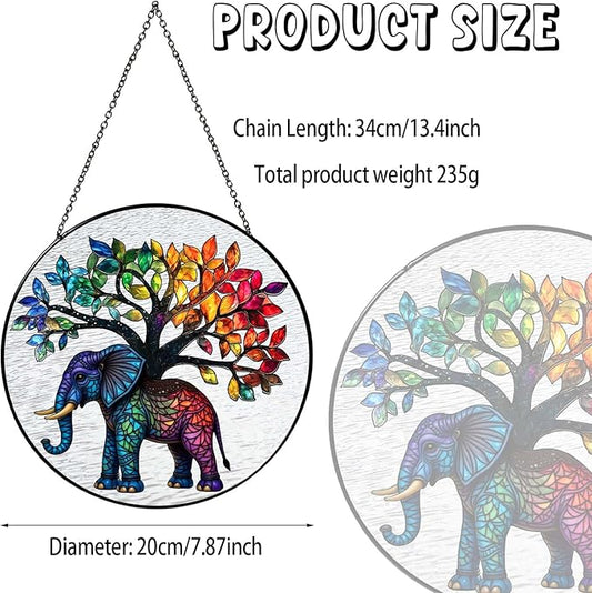 Elephant Tree Stained Glass Window Hanging Boho Animal Sun Catcher Decor Birthday Gifts for Women Christmas Elephant Suncatchers for Home Windows Hanging Decoration, 7.87inch