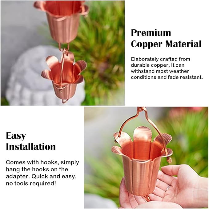 Decorative Rain Chain Copper, Rainwater Gutter Chains with Metal Hook, Adjustable Length Rain Bells, Roof Gutter Downspout Channel,1.5m (5ft)