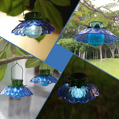 XUWEN Solar Lights Outdoor Waterproof - Blue Solar Flower Light with Crackle Globe Glass Light, Hanging Lanterns Decorative Outdoor for Yard Walkway Lawn Fence,Christmas Housewarming Gifts for Women.