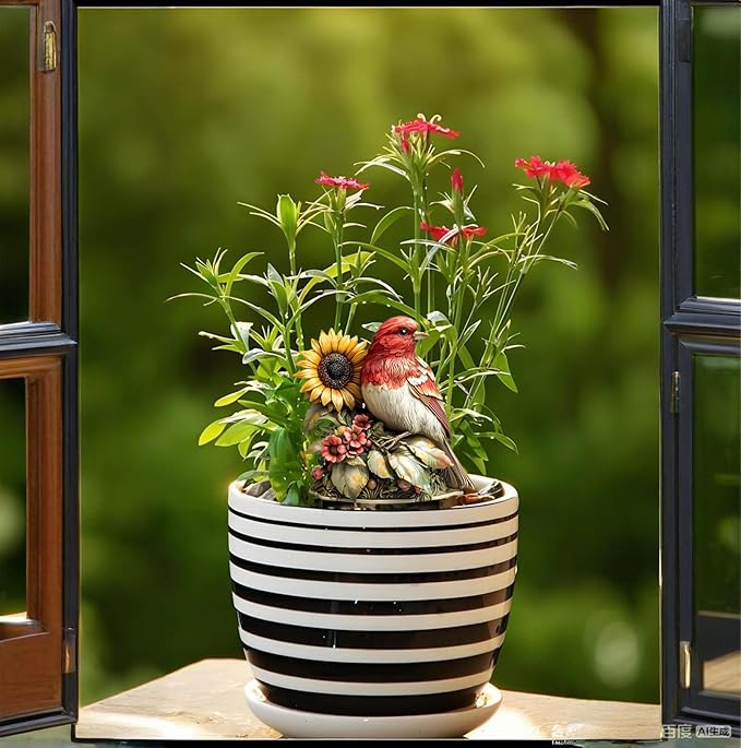 Garden Stake Decor, Acrylic 2D Flat Cute Animal Statue, Fairy Sculptures Ornament Indoor Outdoor Yard Lawn Pot Plant Decorative Accessories (Sunflower&Bird)