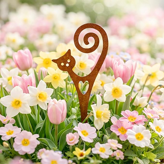 Cat Garden Stake – Rust-Resistant Powder-Coated Metal Plant Pick for Indoor & Outdoor Pots & Garden Beds