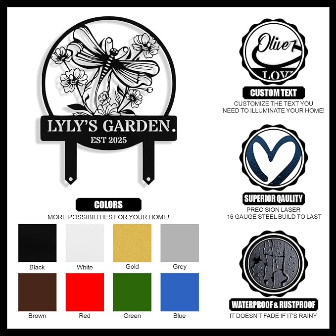 Personalized Metal Dragonfly Garden Signs with Stake, Custom Garden Signs for Outside Waterproof, Customized Name Sign Yard Lawn Gardens Decor Gardening Gifts for Moms Grandmas Gardeners