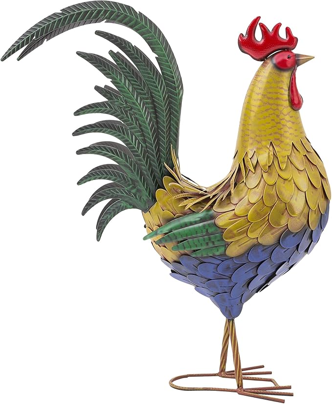 32" Metal Rooster Decor, Large Outdoor Garden Statues, Metal Chicken Sculpture for Backyard Patio Kitchen Decor