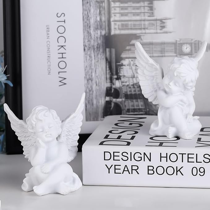 orenm 2 Pack Resin Cherubs White Angel Statue Figurine, Garden Sleeping Cherub Statue Sculpture Indoor Outdoor Home Decoration, Cute Adorable Angle Sculpture Memorial Statue(4" Height) (White)