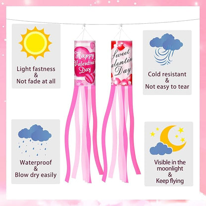 NOVWANG 2 Pieces 40 Inches Valentine's Day Windsock, Valentine Hearts Windsocks Outdoor Hanging Wind Sock for Wedding Anniversary Home Party Yard Garden Patio Decoration