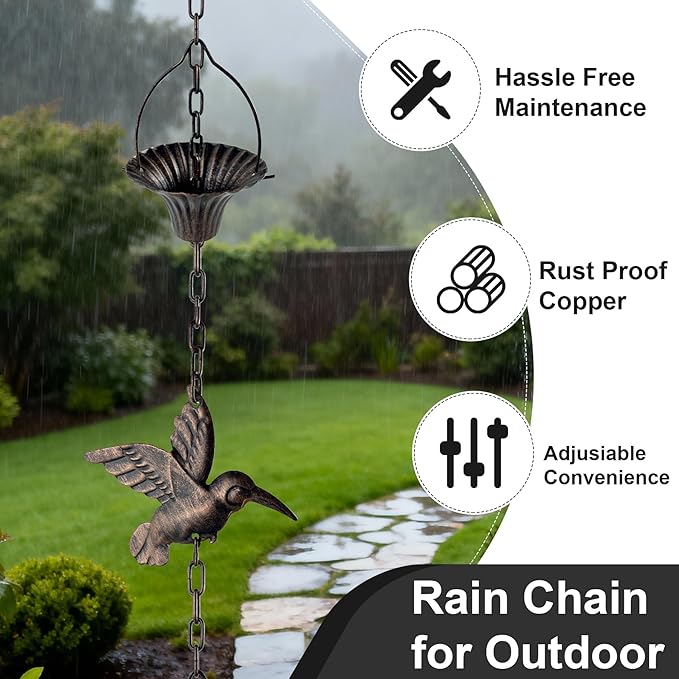Lotus Rain Chain, 6.5FT Rain Chain Gutters, Adjustable Rain Catcher Chain with 10 Cups, Rain Chain Downspouts for Outdoor Gutter (Hummingbird)