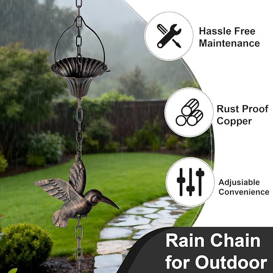 Lotus Rain Chain, 6.5FT Rain Chain Gutters, Adjustable Rain Catcher Chain with 10 Cups, Rain Chain Downspouts for Outdoor Gutter (Hummingbird)