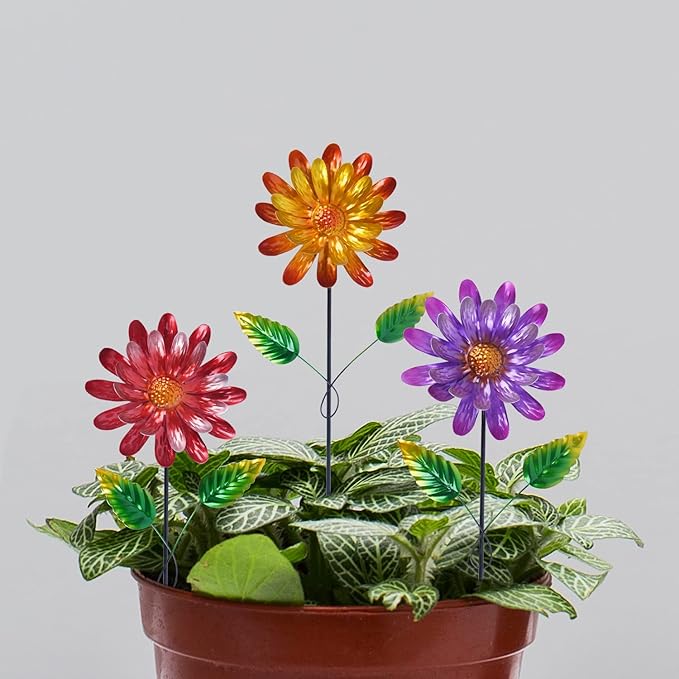 Garden Stakes Decorative, Metal Flowers for Outside, Glow in Dark Yard Lawn Ornaments Plant Pot Flower Bed Decor, Patio, Set of 3, Purple Yellow Red