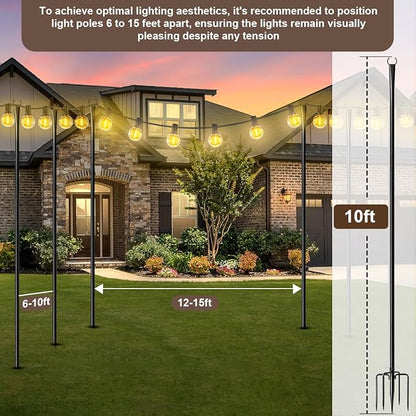 MuliVid 2 Pack 10FT Lighting Hanging Pole for Outside, Waterproof Hardened Metal Outdoor String Light Poles for Patio, Garden, Bistro, Wedding, Parties