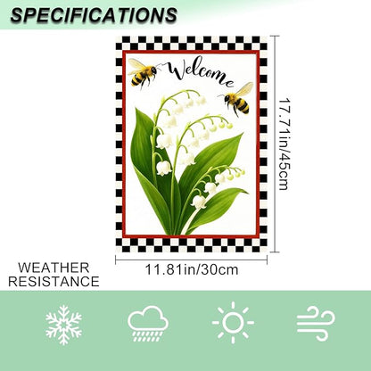 IVN Welcome Garden Flag 12x18 Inch Double Sided Spring Summer Garden Yard Flags Lily of the Valley Bees Decorative Small Flags for Outdoor Seasonal Front Door Lawn Porch Patio Decor Yard Flag