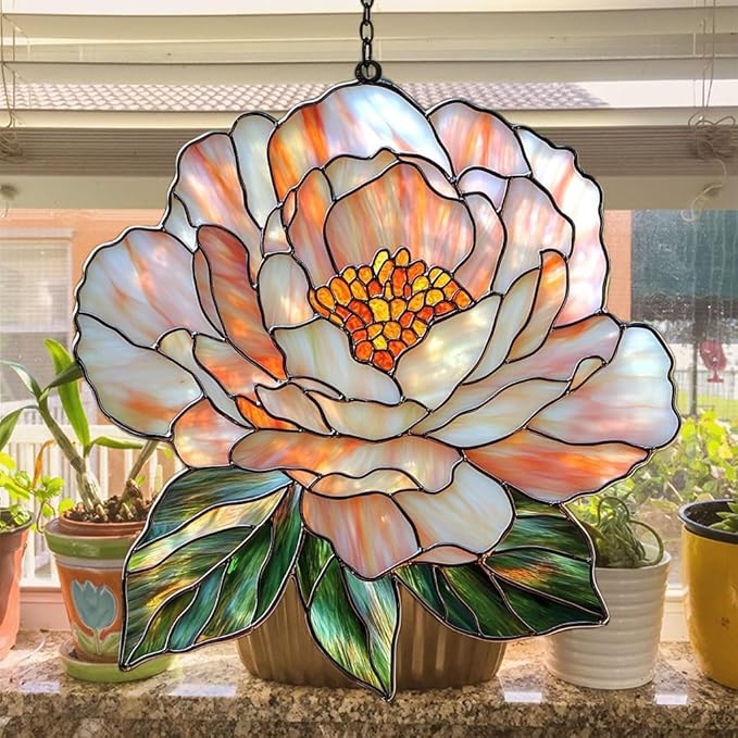 Pastel Pink Peony Acrylic Suncatcher Stained Glass Effect Window Car Hanging Christmas Ornament Indoor Outdoor Decor Garden Sun Catcher Panel for Peony Lover for Women Mom Grandma