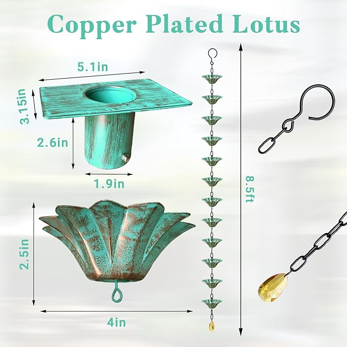 Rifachua 12 Cups Lotus Rain Chain for Gutters Downspouts Outside 8.5ft, Green Plated Bronze Lotus Rain Chain Cups, Functional and Decorative Replacement for Gutter Downspouts