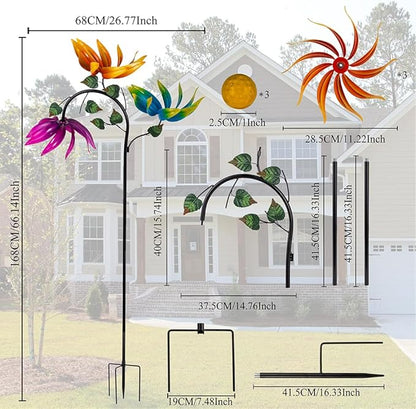 24" Large Wind Spinner Outdoor - Heavy Duty Multi Colored Flowers Wind Sculpture with Metal Stake, Three Flower Design Pinwheels for Yard and Garden Decor