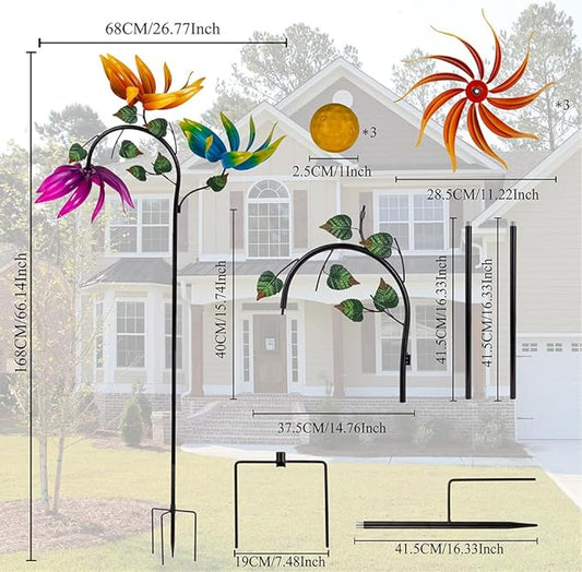 24" Large Wind Spinner Outdoor - Heavy Duty Multi Colored Flowers Wind Sculpture with Metal Stake, Three Flower Design Pinwheels for Yard and Garden Decor