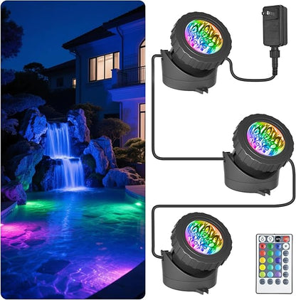 T-SUN Submersible LED Pond Lights, Color Changing Underwater Spotlights with Remote & Memory, IP68 Waterproof for Fish Tank, Aquarium, Garden Fountain, Pool(3 Light Heads)
