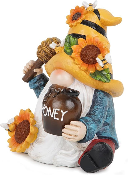 basen Bee Gnome Solar Garden Statue Outdoor Decor, Resin Gnome with Sunflower and Honey Jar, Solar Powered Lighted Yard Lawn Patio Porch Decoration, Waterproof Yard Art