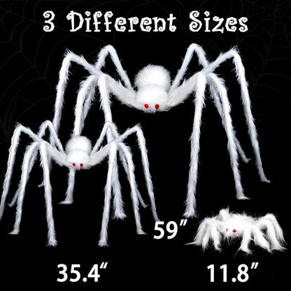 FOIMAS 3pcs Halloween Realistic Hairy Spider,Large White Scary Spiders Prop for Lawn Yard Wall Indoor Outdoor Halloween Party Decoration,59",35",12"