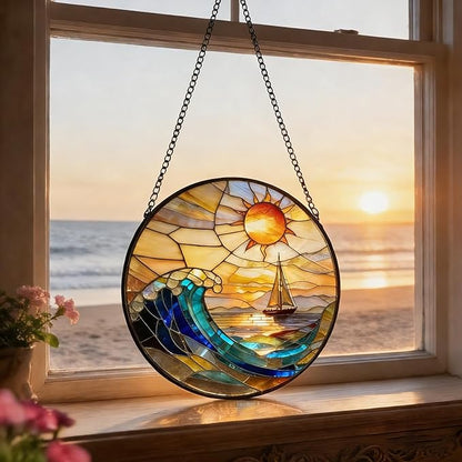 7.8 Inch Stained Glass Window Hanging, Sailboat & Sunset Waves Suncatcher, Blue and Orange Sky Diamond Glass Panel Landscape Decor for Women, Men, Wife, Aunt, and Mom