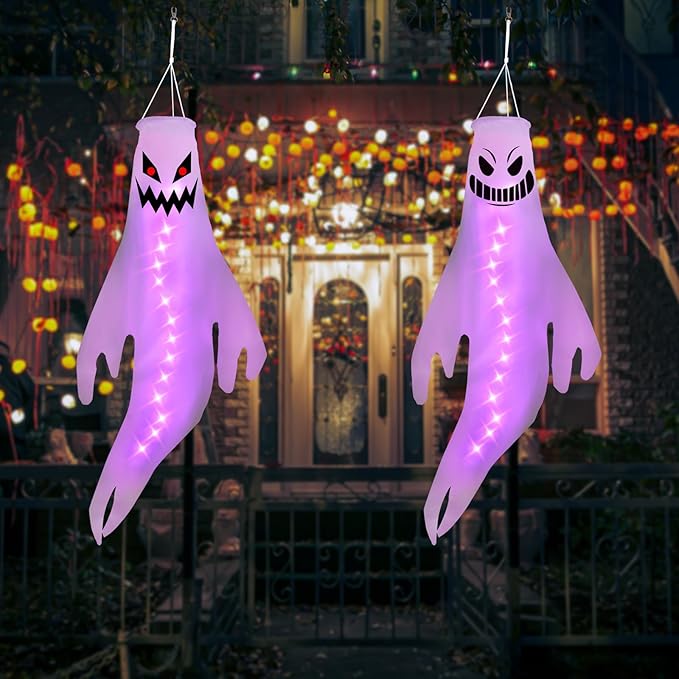 Geefuun 2PCS Purple Halloween Fierce Ghost Windsocks Hanging Decorations -43 Inch Flag Wind Socks for Home Yard Outdoor Decor Party Supplies (Batteries Not Included,No Timer)