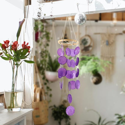 Capiz Wind Chimes for Outside, Outdoor Seashell Hanging Beach Coast Ocean Home Decorative, Unique Natural Shell Waterfall Windchimes for Summer Patio, Great Memorial Sympathy Gift（Purple