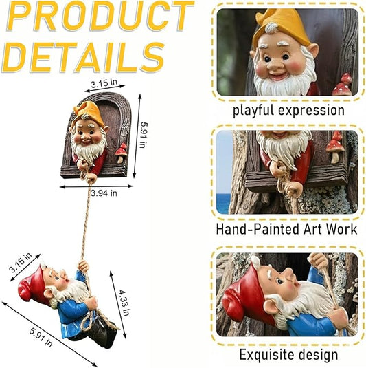 Garden Gnome Statue, Funny Resin Dwarf Sculpture for Lawn Patio Climbing Tree Decor Outdoor (Gnome-B)