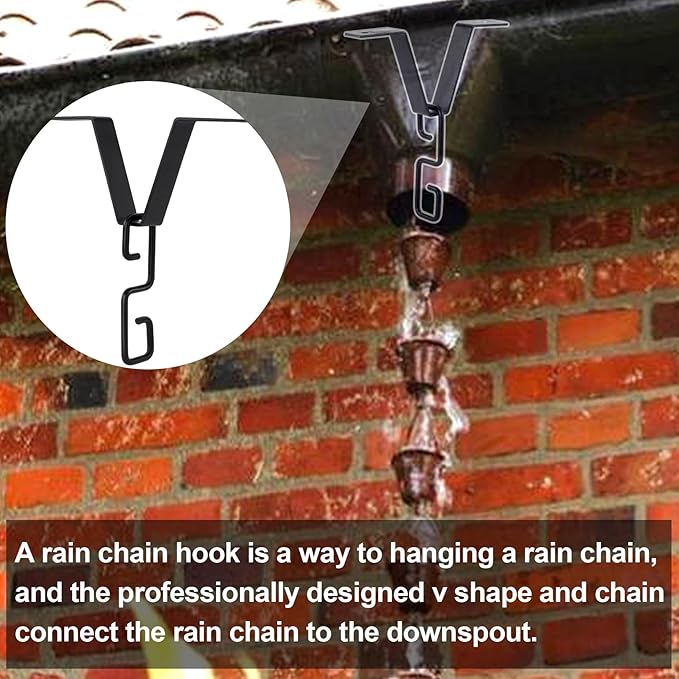 Pndeyo 2 Sets Rain Chain Clip Gutters Adapter, V Type Rain Chimes Connector Holder, Alloy Gutter Clip Hook Hanger Outside Hardware for Rain Catcher Rain Diverter Downspout- Black