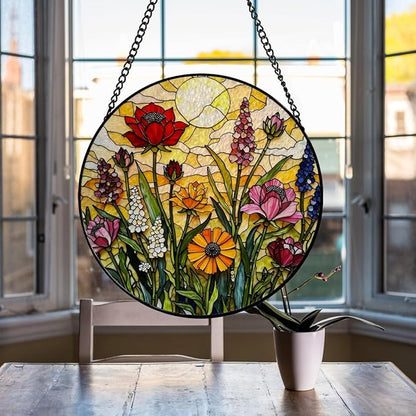 Wildflowers Suncatcher Stained Glass Window Hanging - 8 Inch Colorful Flower Sun Catchers Plant Suncatchers for Windows Hanging - Handmade Sun Catcher Glass Panel Decoration for Home Garden Sunroom