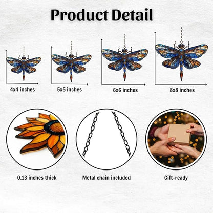 Vivid Dragonfly Mosaic Art Decor Acrylic Suncatcher Stained Glass Effect Window Car Hanging Christmas Ornament Indoor Outdoor Decor Garden Sun Catcher Panel for Dragonfly Lover for Women Mom Grandma