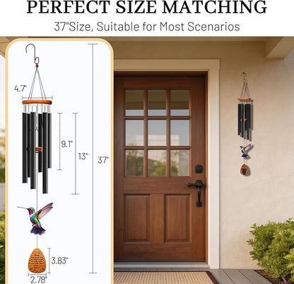 37" Wind Chimes for Outside - Deep Tone Large Wind Chime with 6 Tuned Aluminum Tubes & Wooden Top - Hummingbird Decor, Ideal Sympathy for Mom, Garden