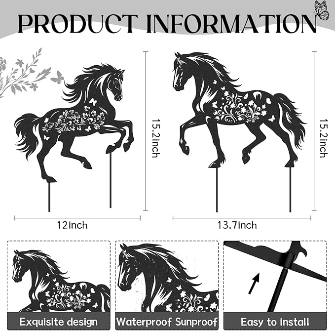 Horse Garden Stakes Decorations - 2 Pcs Metal Cool Animals Lovers Statues Decors Sets for Yard Outdoor Black Silhouette Gifts Lawn Figurines Ornaments Flowers Patio Signs Animals Sculptures