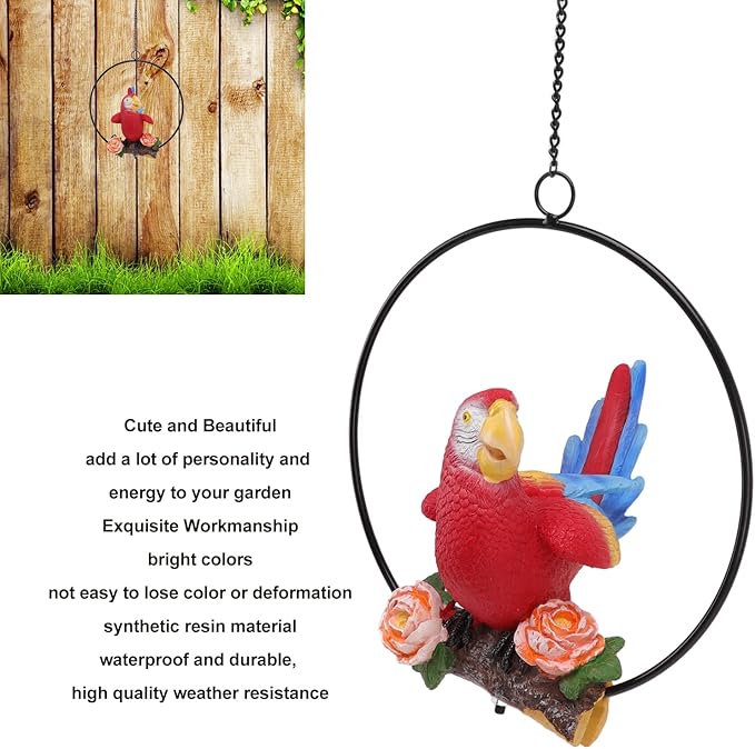 Hanging Iron Ring Parrots Resin Garden Statue, Outdoor Hanging Parrot Decor, Exquisite Small Parrot Craft with Metal Ring for Courtyard Balcony Patio
