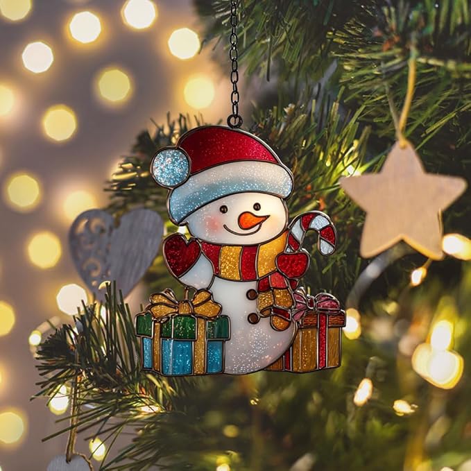 Cute Snowman Acrylic Suncatcher Stained Glass Effect Window Car Hanging Christmas Ornament Indoor Outdoor Decor Garden Sun Catcher Panel for Christmas Lover for Women Mom Grandma