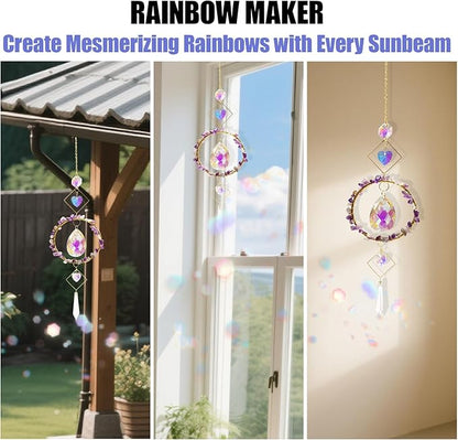 Crystal Wind Chimes Suncatcher, Window Prism Hanging Decor with Rainbow Maker Feature, Metal Frame Crystal Design for Indoor Outdoor Spaces, Home Garden Gifts Idea