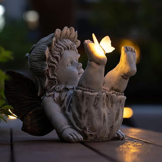 Suyorpe Fairies for Fairy Garden Solar Decor - Fairy Figurines Resin Outdoor Statues Ornaments with Light up Butterfly for Patio,Lawn,Yard,Porch,Outside Angel Gifts
