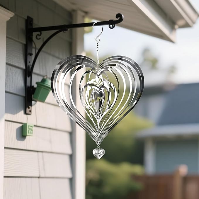 HOOSUN Metal Wind Spinners Outdoor for Yard and Garden Decor,Reflective Bird Deterrents for Outside Windows Patio Porch,Stainless Steel 3D Hanging Heart Wind Spinners Gifts for Mom Women