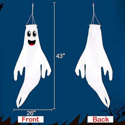 2PCS Halloween Cute Ghost Windsocks Hanging Decorations - 43 Inch Flag Wind Socks for Home Yard Outdoor Decor Party Supplies (No Lights)