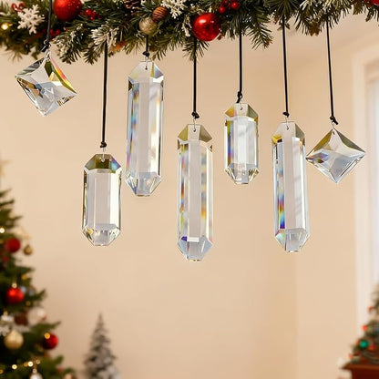 HDCRYSTALGIFTS Set 7 Clear Crystal Prisms Suncatchers Hanging Glass Ornament for Christmas Tree,Rainbow Maker Sun Catchers for Windows Home Garden Decoration,Modern Grief Gift