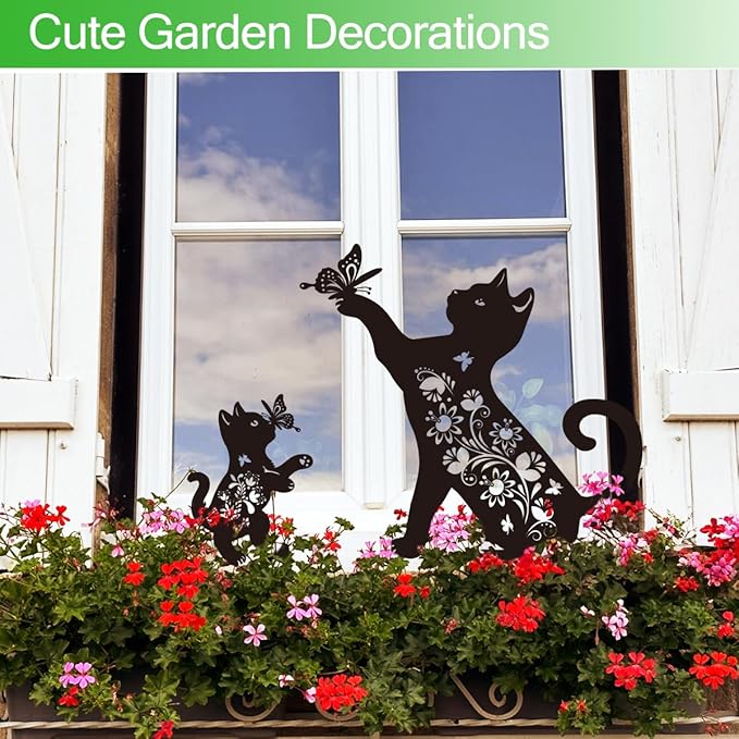 Cat Garden Stake Outdoor Set of 2 Metal Black Cat Yard Decor Lawn Ornament, Cute Cat Lover Gift for Women Men, Weather-Resistant Black Cat Silhouette Statues Yard Art for Patio