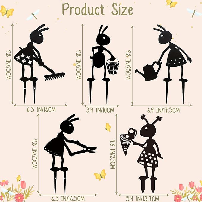 CUweipeng Metal Garden Stakes Decorative - 5Pcs Funny Working Farm Ant Garden Decor Black Metal Humor Art Yard Stake Animal Outdoor Decoration for Pathway Lawn Garden Backyard Birthday Gift Party #B