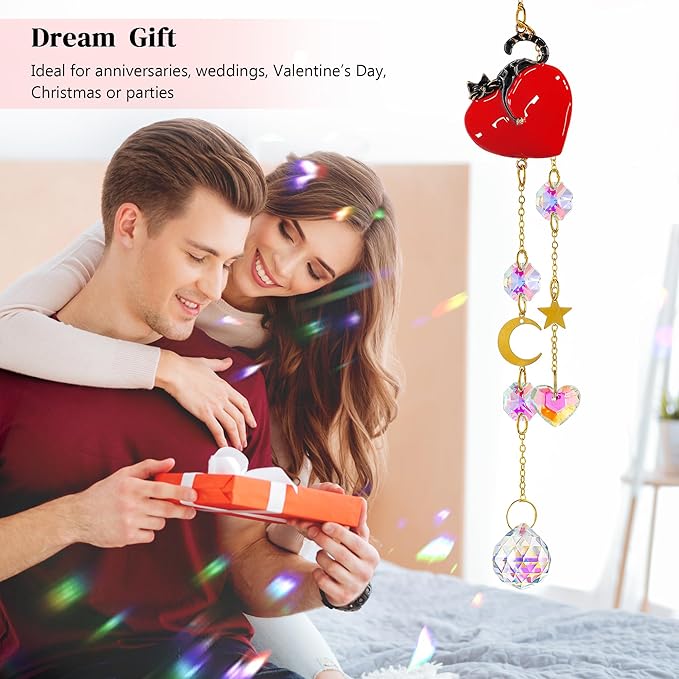 H&D HYALINE & DORA Crystal Red Heart with Cat Suncatcher Window Hanging Ornament Rainbow Maker Sun Catchers Gift for Women, Pet Lovers