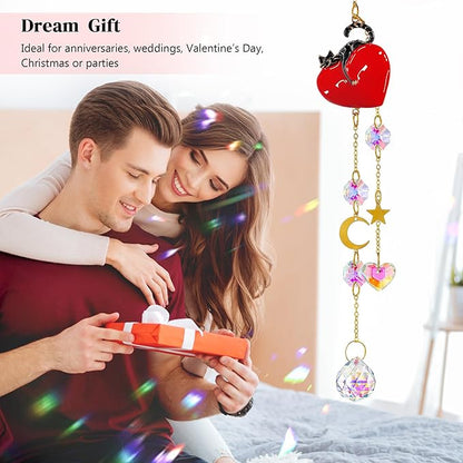 H&D HYALINE & DORA Crystal Red Heart with Cat Suncatcher Window Hanging Ornament Rainbow Maker Sun Catchers Gift for Women, Pet Lovers